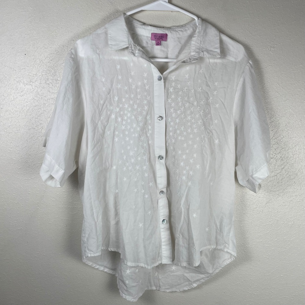 Mi Ami for Francesca's White Star Embroidered Cotton Button Down Shirt Small